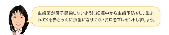 虫歯菌が母子感染しないように、妊娠中から虫歯予防をし、生まれてくる赤ちゃんに虫歯になりにくいお口をプレゼントしましょう。