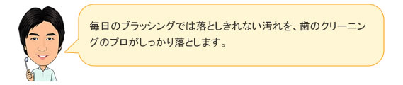 毎日のブラッシングでは落としきれない汚れを、歯のクリーニングのプロがしっかり落とします。